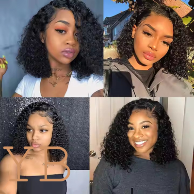 Good price Natural Black Short Cut Bob Kinky Curly 13X4 Deep Lace Front Wig Preplucked Glueless online