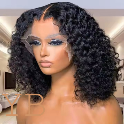 Good price Deep Wave Curly Short Bob Hair Wig Chocolate Brown Transparent Lace Front Wig online
