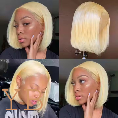Good price Short Bob Straight Human Hair blonde Lace Closure Wig Transparent 13X4 Lace Frontal Wig online