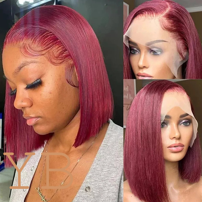 Good price 99J Short Bob Straight Human Hair Lace Closure Wig Transparent 13X4 Lace Frontal Wig online