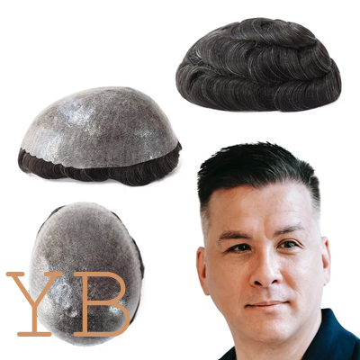 Toupee for Men Human Hair Replacement System 08mm Thin Skin Hairpieces #1B10