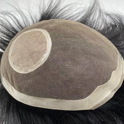 Cheap Men's Natural Human Hair Replacement System Black Prosthesis Breathable Silk Lace Crown Toupee Clips