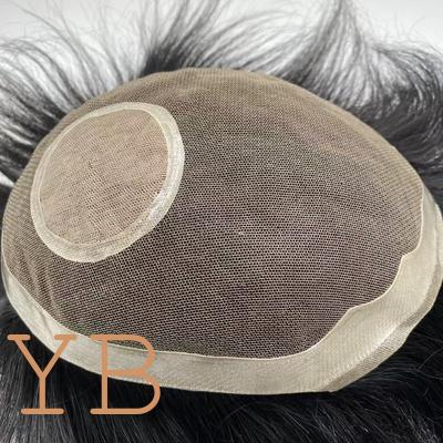 Good price Cheap Men's Natural Human Hair Replacement System Black Prosthesis Breathable Silk Lace Crown Toupee Clips online